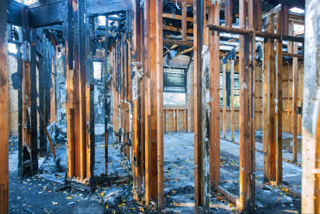 Interior fire damage to a home.