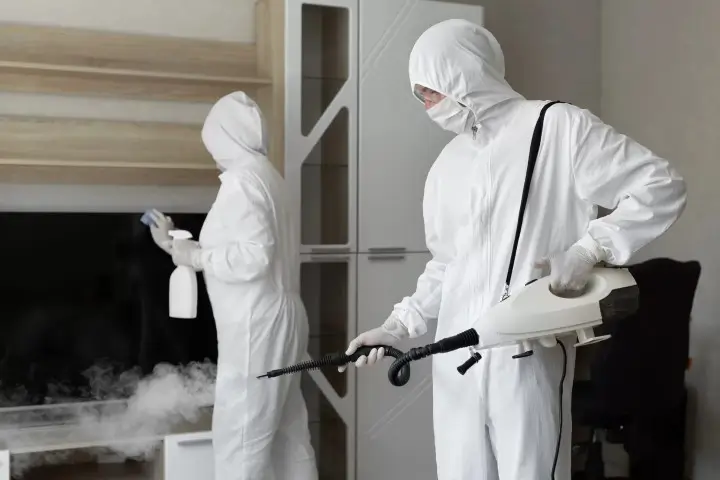 Two workers in white overalls disinfecting a house.