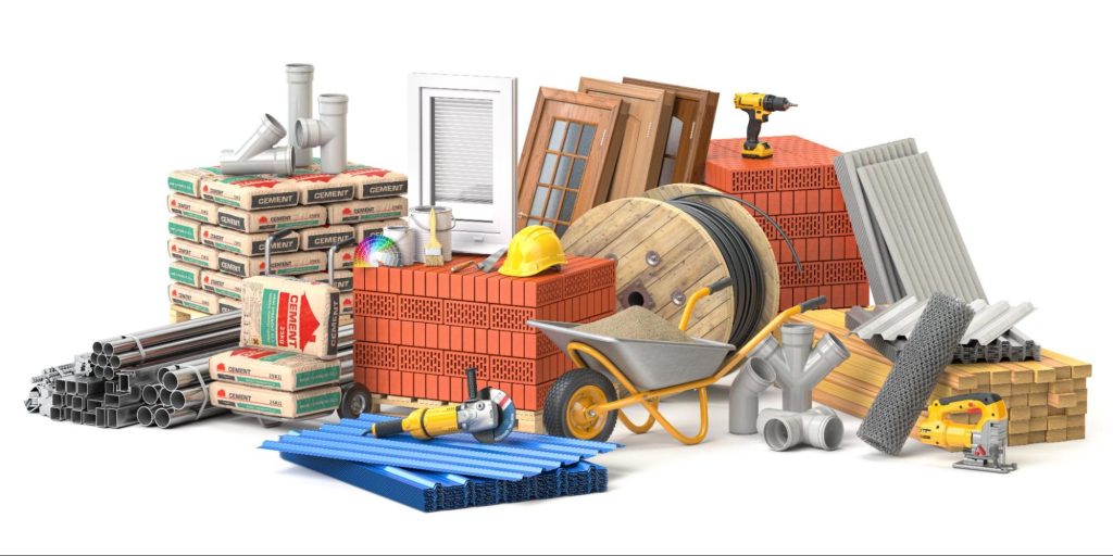 Construction materials and tools for emergency restoration services against a white background.