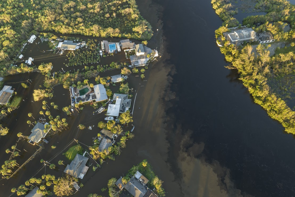An overview of a flooded neighborhood.